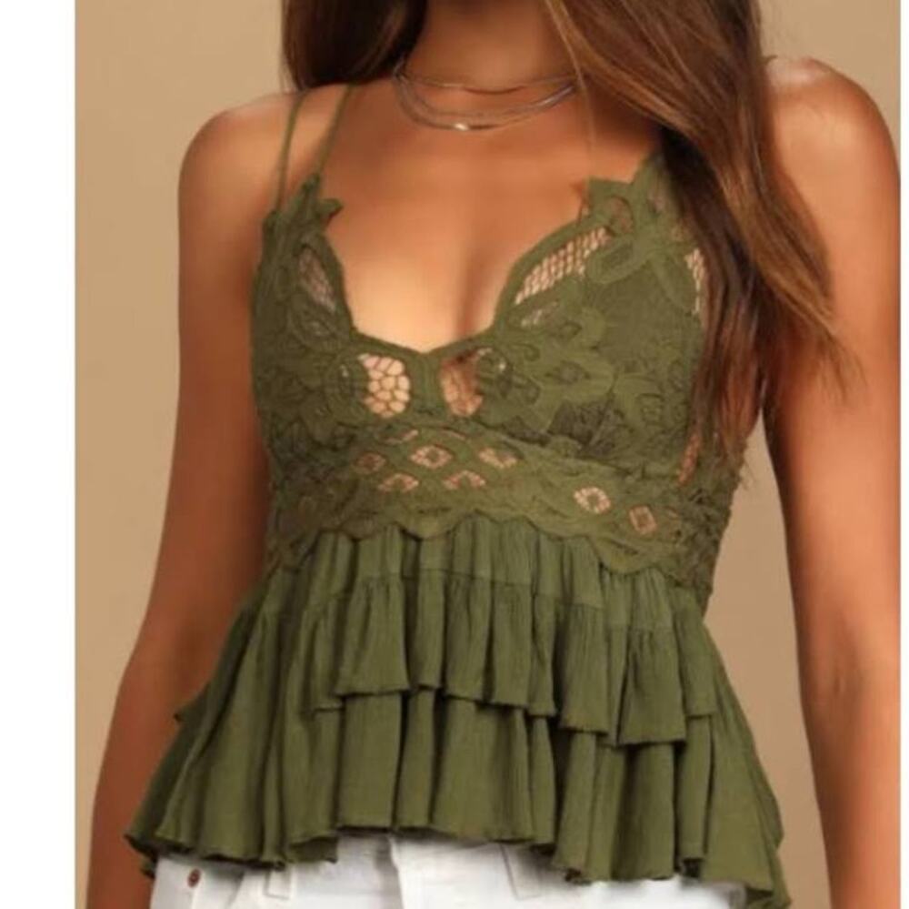 Intimately By Free People Tiered Lace Adella Cami in Green Olive Sparrow Size M